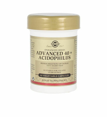 Solgar Advanced 40+ Acidophilus digestive supplement, 60 capsules, in a white bottle with label, for gut health and digestion support.