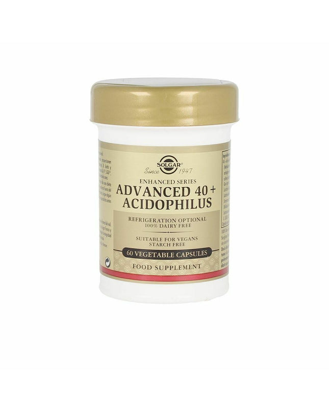 Solgar Advanced 40+ Acidophilus digestive supplement, 60 capsules, in a white bottle with label, for gut health and digestion support.