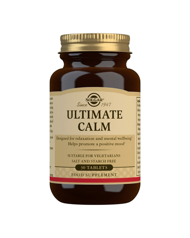 Solgar Ultimate Calma multivitamin box with 30 capsules, health supplement for relaxation and overall well-being.