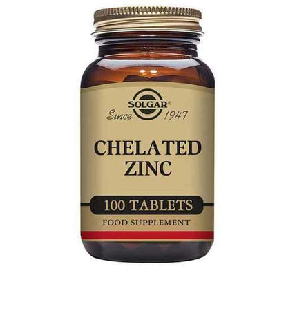 Solgar Zinc Chelated supplement bottle with 100 tablets, in a white container with a label featuring the Solgar logo and product details.