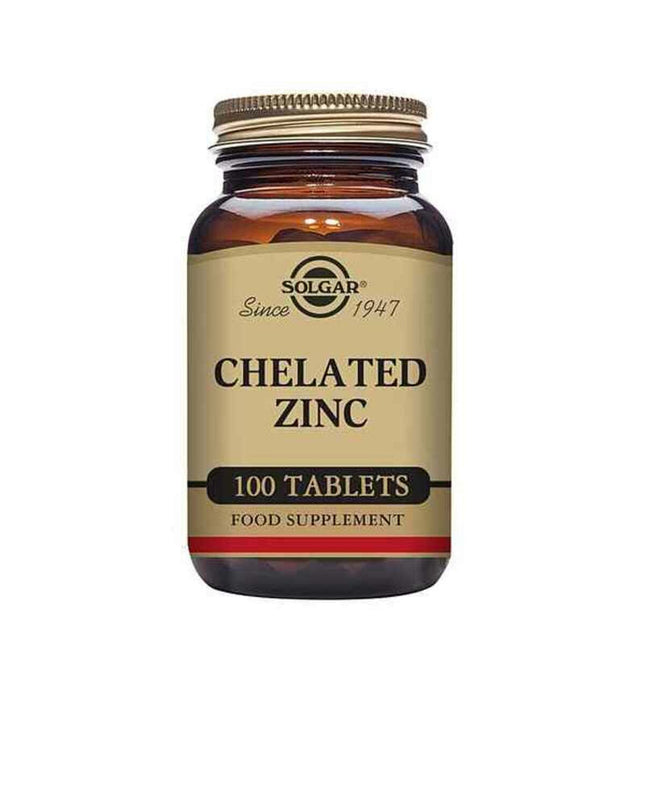 Solgar Zinc Chelated supplement bottle with 100 tablets, in a white container with a label featuring the Solgar logo and product details.