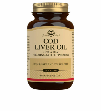 Bottle of Solgar Levertraan (cod liver oil) supplement for health and personal care, with a clear label and cap in the image.