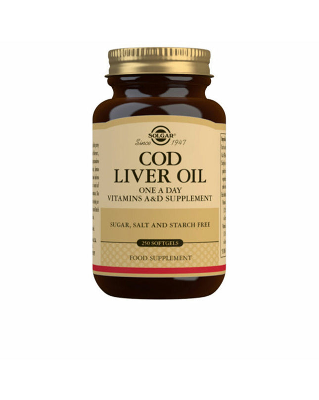Bottle of Solgar Levertraan (cod liver oil) supplement for health and personal care, with a clear label and cap in the image.