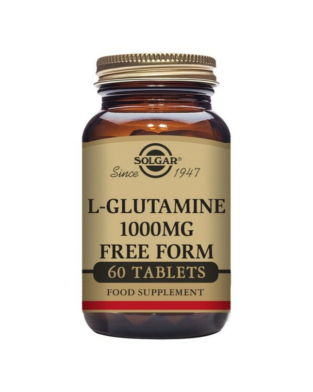 Solgar L-glutamine supplement bottle in a health and personal care setting, showing the product label and packaging.