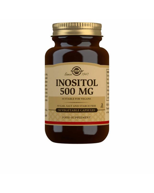 Solgar Inositol capsules, 50 count, 500 mg each, in a white bottle, used for health and dietary supplementation.