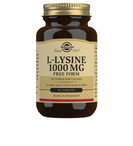Solgar Lisina L-lysine dietary supplement capsules in a bottle for health and personal care, 50 capsules.