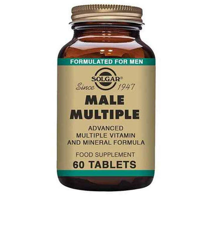 Solgar Male Multiple multivitamin bottle with 60 capsules for men's health, displayed on a white background.