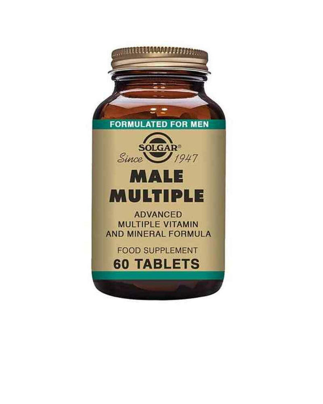 Solgar Male Multiple multivitamin bottle with 60 capsules for men's health, displayed on a white background.