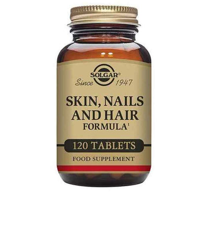 Solgar Haar, huid en nagelformule supplement bottles with 120 capsules for healthy hair, skin, and nails.