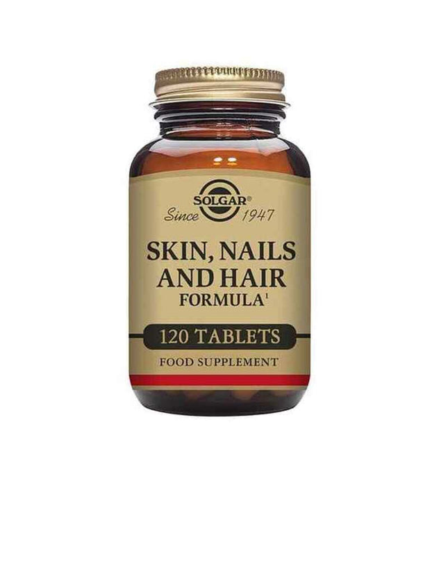 Solgar Haar, huid en nagelformule supplement bottles with 120 capsules for healthy hair, skin, and nails.