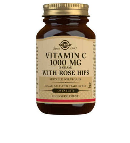 Solgar Rozenbottels and Vitamin C supplement bottle with 100 capsules, health and personal care product for immune support.