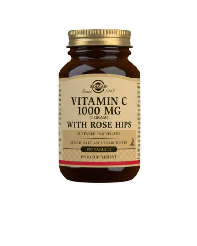 Solgar Rozenbottels and Vitamin C supplement bottle with 100 capsules, health and personal care product for immune support.