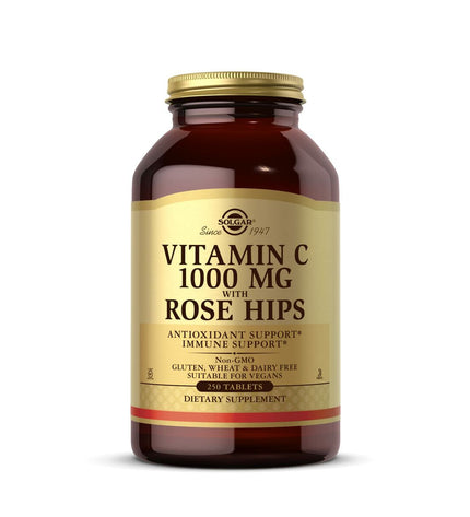 Solgar Rozenbottels with Vitamin C supplement bottle, 250 capsules, health and personal care vitamin and mineral supplement.