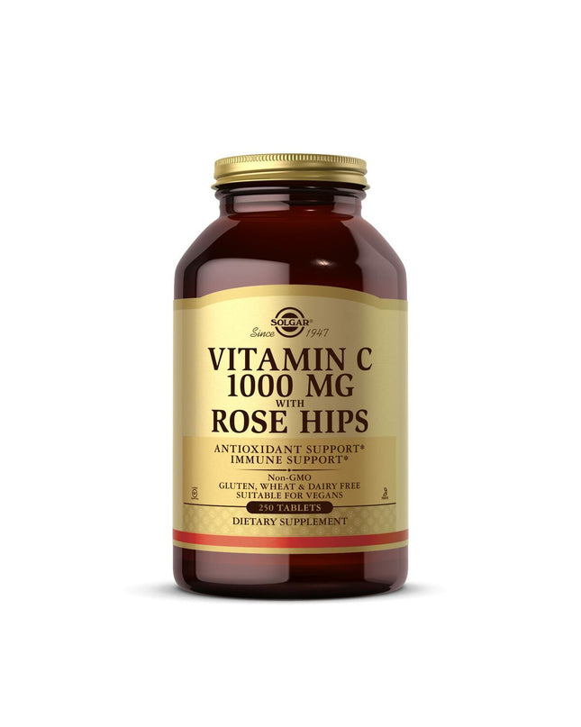 Solgar Rozenbottels with Vitamin C supplement bottle, 250 capsules, health and personal care vitamin and mineral supplement.