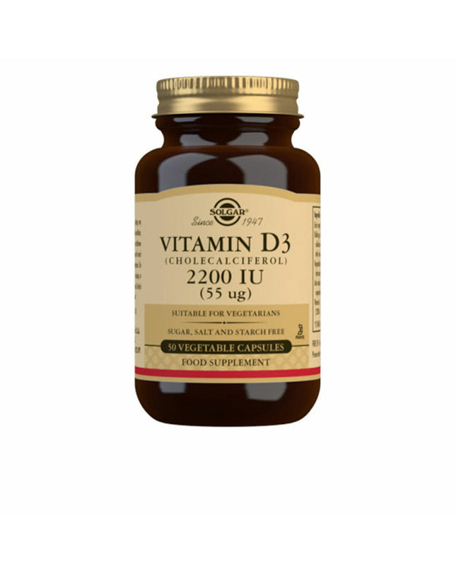 Solgar Vitamin D3 (Cholecalciferol) supplement bottle with 50 capsules, designed for health and personal care.