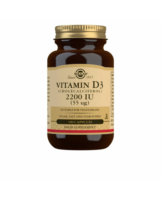 Solgar Vitamin D3 (Cholecalciferol) supplement bottles with label, showing 100 capsules for health and personal care.