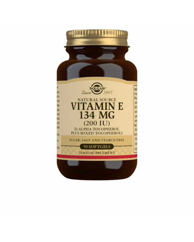 Solgar Vitamin E 200 IU capsules in a bottle, dietary supplement for health and wellness, 50 capsules visible.
