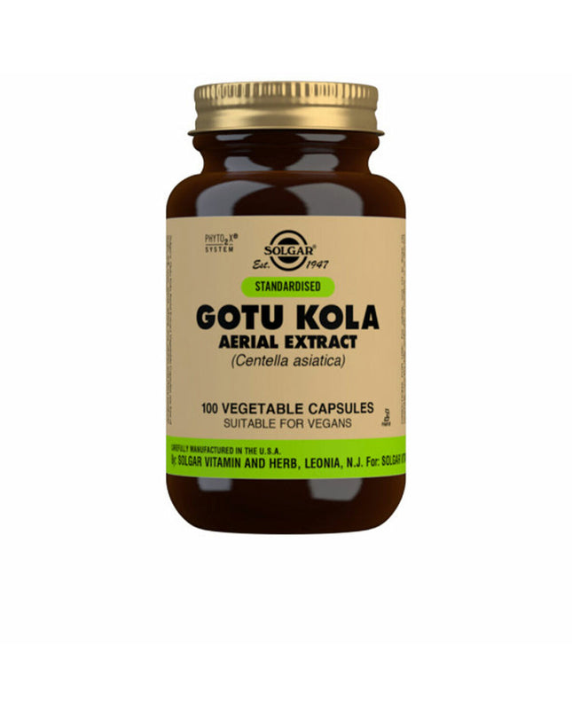 Solgar Gotu Kola Aerial Extract supplement bottle with 100 capsules, suitable for health, vitamins, minerals, and personal care.