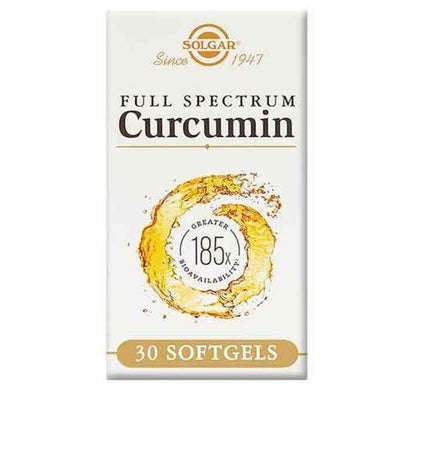 Solgar Full Spectrum Kurkuma supplement bottle with label, featuring turmeric root images and product details for health and wellness.