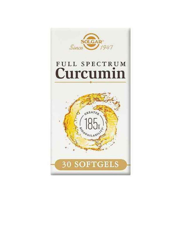 Solgar Full Spectrum Kurkuma supplement bottle with label, featuring turmeric root images and product details for health and wellness.