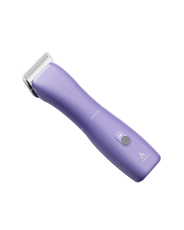 Andis EMERGE pet hair clipper for dogs, purple color, showing the professional grooming blade and ergonomic design.
