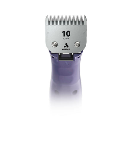 Andis EMERGE pet hair clipper in purple for dogs, close-up of the professional dog grooming tool.