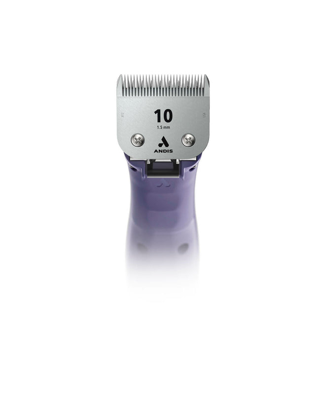 Andis EMERGE pet hair clipper in purple for dogs, close-up of the professional dog grooming tool.