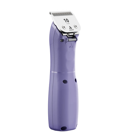 Purple Andis EMERGE pet hair clipper for dogs, with a sleek design and stainless steel blades for grooming pets.