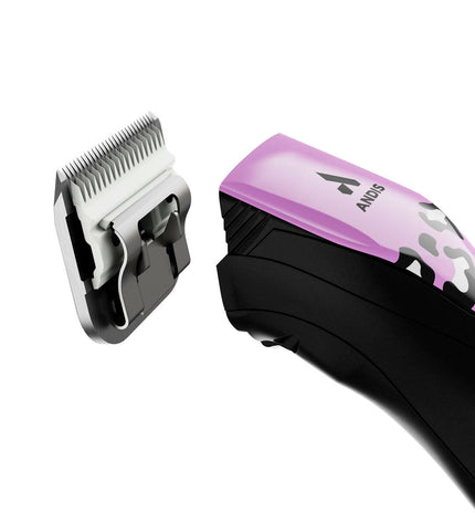 Andis Pulse ZR II Wild black and purple pet hair trimmer for dogs, showing close-up of the professional grooming clipper.