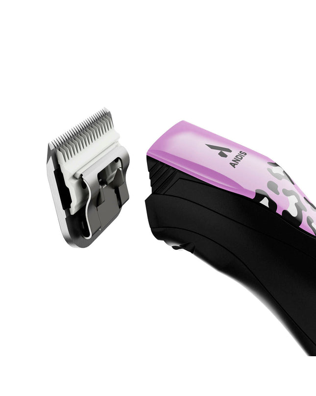 Andis Pulse ZR II Wild black and purple pet hair trimmer for dogs, showing close-up of the professional grooming clipper.