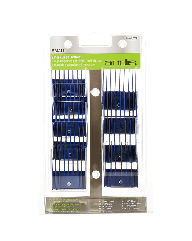 Andis S Polymeer enhancing dog grooming comb set with 9 pieces, ideal for efficient pet coat maintenance.