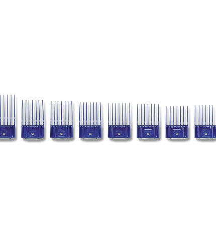 Andis L Polymeer elevating comb set for dogs, 8 pieces, pet grooming tools with ergonomic design and durable plastic construction.
