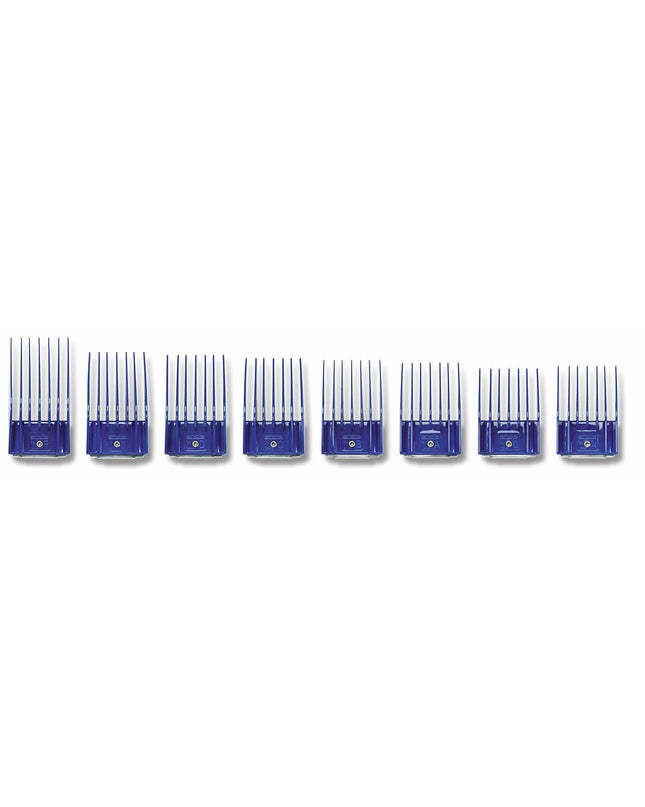 Andis L Polymeer elevating comb set for dogs, 8 pieces, pet grooming tools with ergonomic design and durable plastic construction.