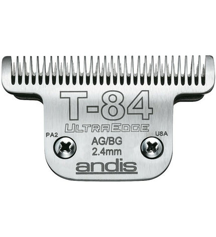 Andis T84 stainless steel dog grooming blades, chrome-plated for durability, designed for precision trimming of pet fur.