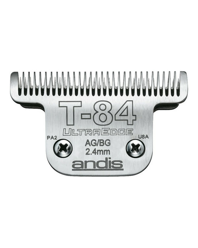 Andis T84 stainless steel dog grooming blades, chrome-plated for durability, designed for precision trimming of pet fur.