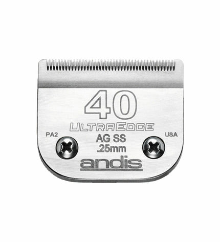 Andis S-40 cat grooming clipper blade, 0.25 mm, for precise trimming of feline coats, shown in close-up image.