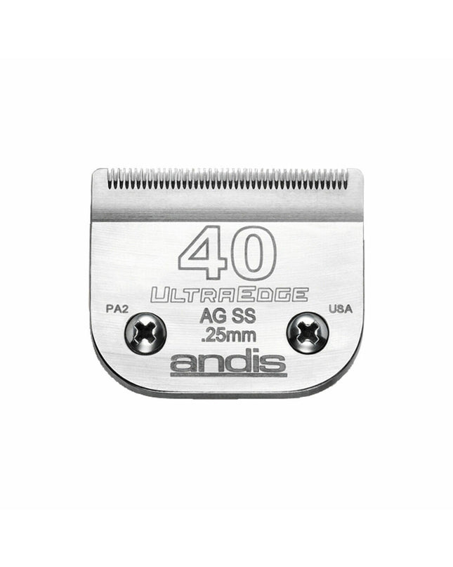 Andis S-40 cat grooming clipper blade, 0.25 mm, for precise trimming of feline coats, shown in close-up image.