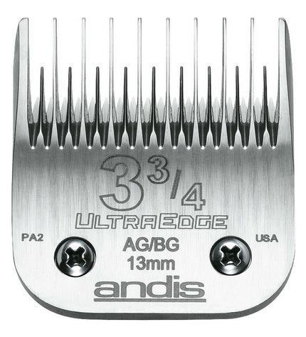 Andis stainless steel dog grooming blades, 3 3/4 size, chrome-plated for precise trimming and grooming of dogs.