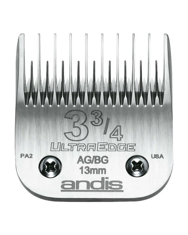 Andis stainless steel dog grooming blades, 3 3/4 size, chrome-plated for precise trimming and grooming of dogs.