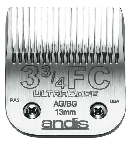 Andis 3 3/4FC chrome steel dog grooming blades, durable and sharp for professional pet grooming tools.