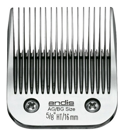 Andis 5/8HT chrome-coated steel dog grooming blades, close-up view of sharp, durable blades for professional pet grooming.
