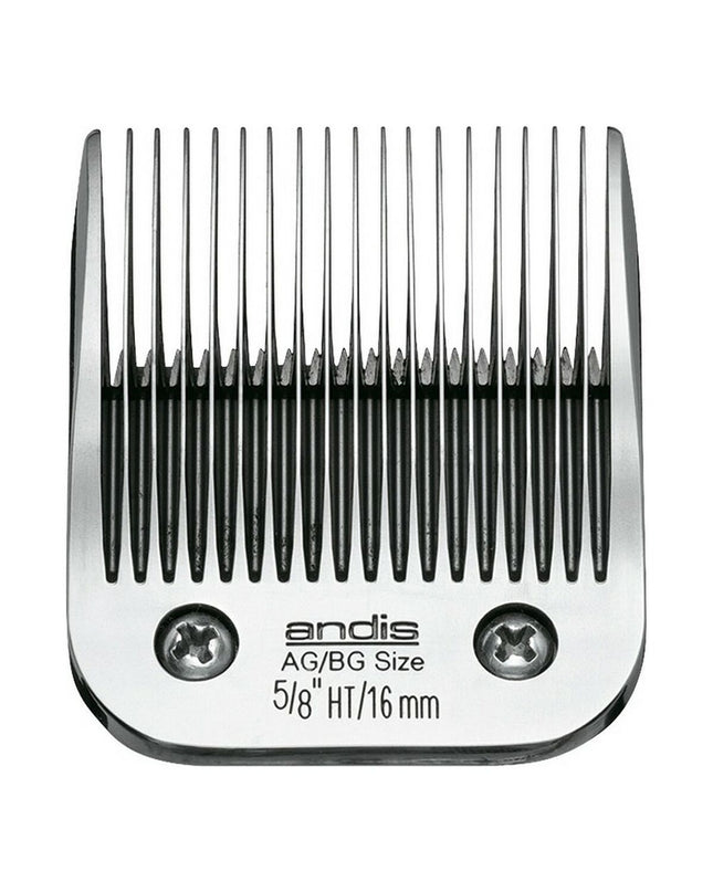 Andis 5/8HT chrome-coated steel dog grooming blades, close-up view of sharp, durable blades for professional pet grooming.