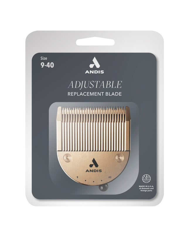 Andis Gold dog grooming blades, close-up of sharp, gold-colored blades designed for canine grooming tools.