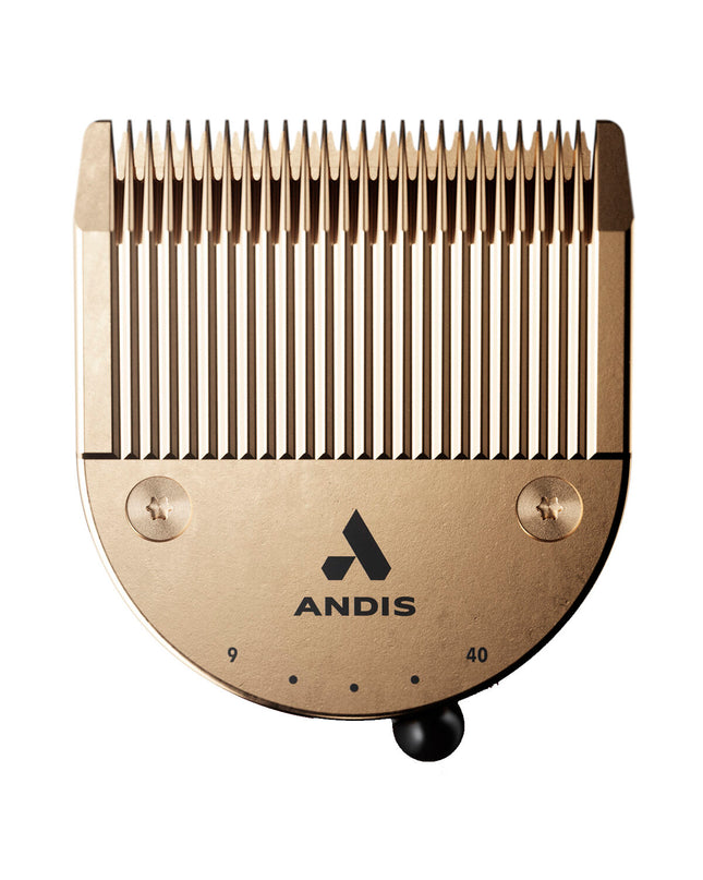 Andis Gold dog grooming blades with sharp, durable blades for precise pet grooming, shown in close-up image.
