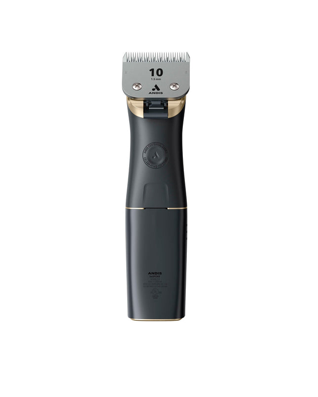 Andis BESPOKE black pet hair trimmer for dogs, close-up of grooming blades and black body in a pet grooming setting.