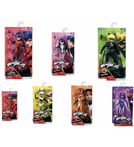 Miraculous: Tales of Ladybug & Cat Noir 26 cm action figures, featuring detailed superhero costumes and dynamic poses.