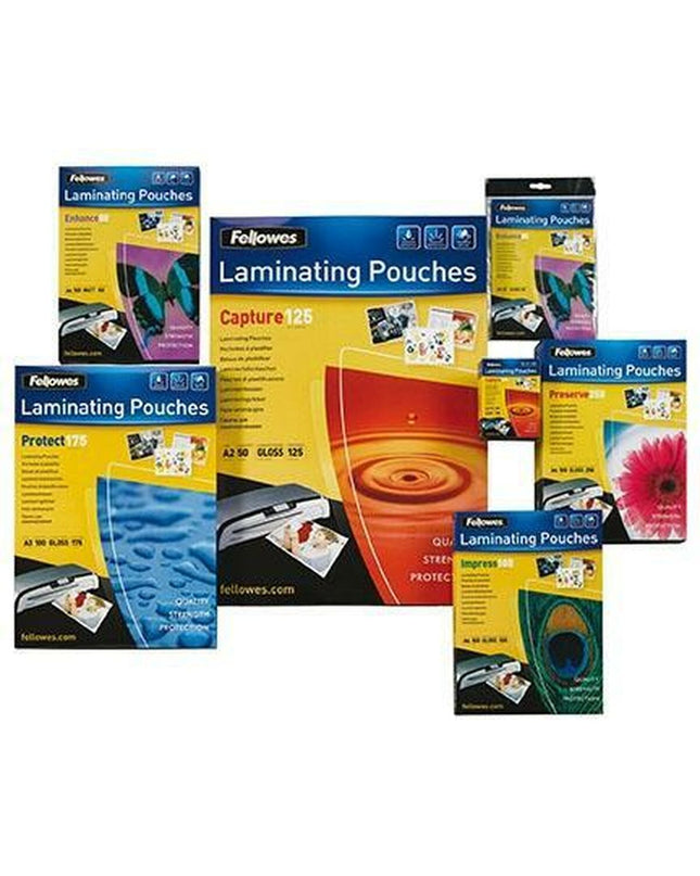 Fellowes 5397402 transparent laminating pouches, 10 or 100-pack, used for office laminating projects, made of clear plastic.