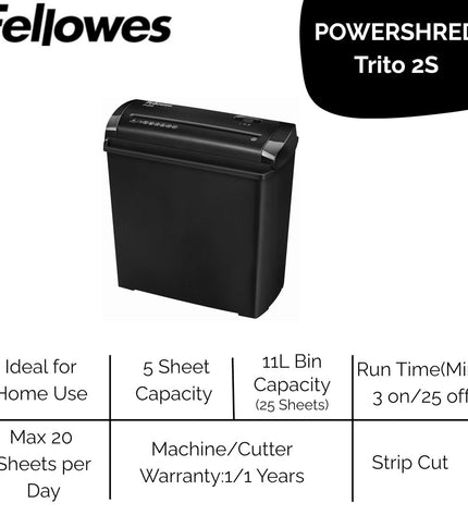 Fellowes Trito 2S paper shredder in black with 11-liter bin, suitable for office use, electronic office supplies, compact design