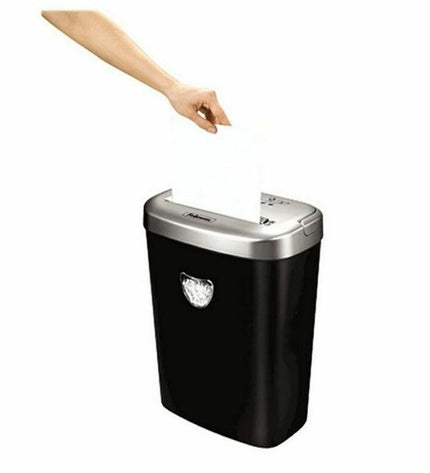 Fellowes 53C paper shredder microsnippers in black with 23-liter capacity and 4x35mm shredding size for office use