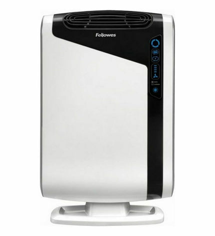 Fellowes portable air conditioner in white and black, designed for up to 28 m², 86 W, ideal for home and kitchen cooling.